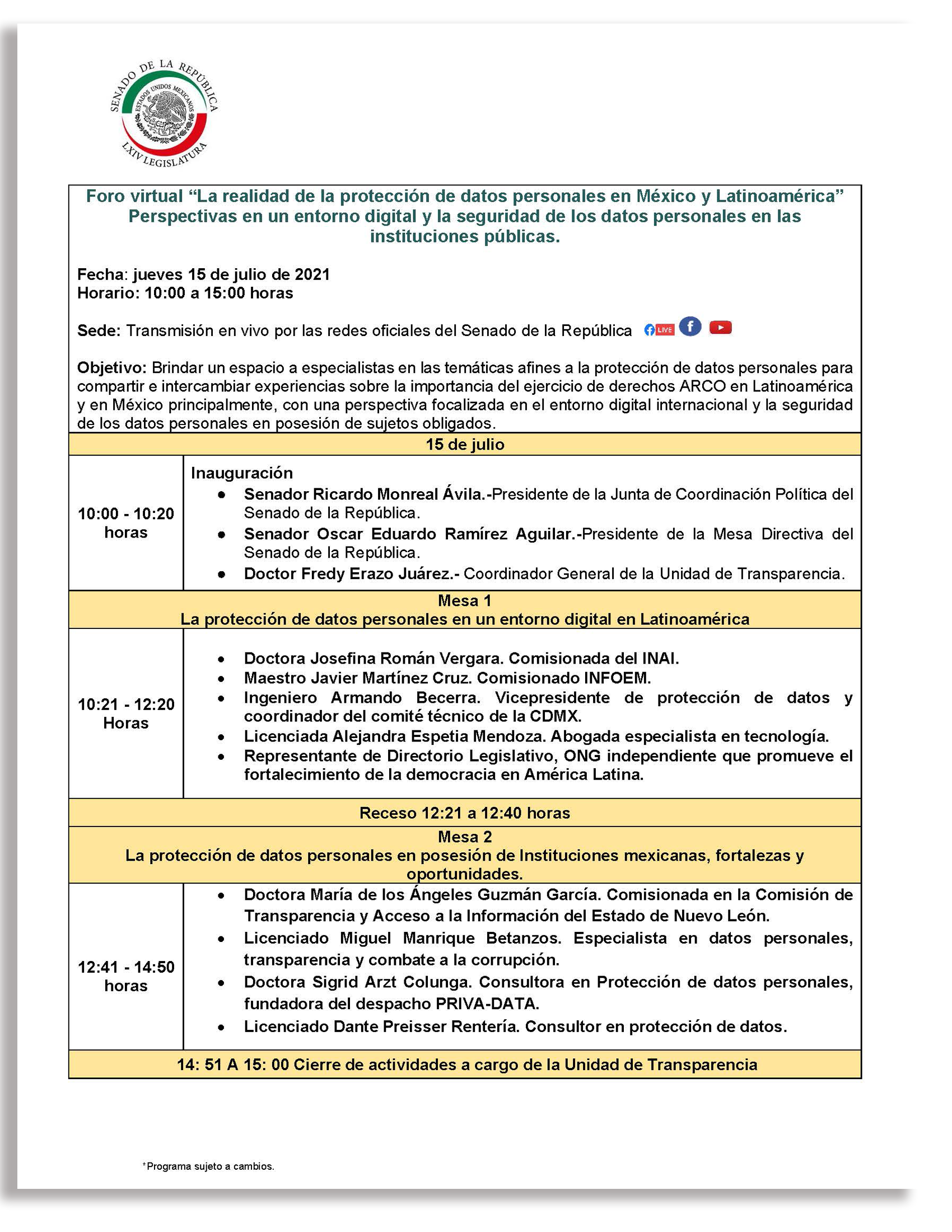 FORO VIRTUAL “LA REALIDAD DE LA PROTECCIÓN DE DATOS PERSONALES EN MÉXICO Y LATINOAMERICA” 15 DE JULIO DE 2021