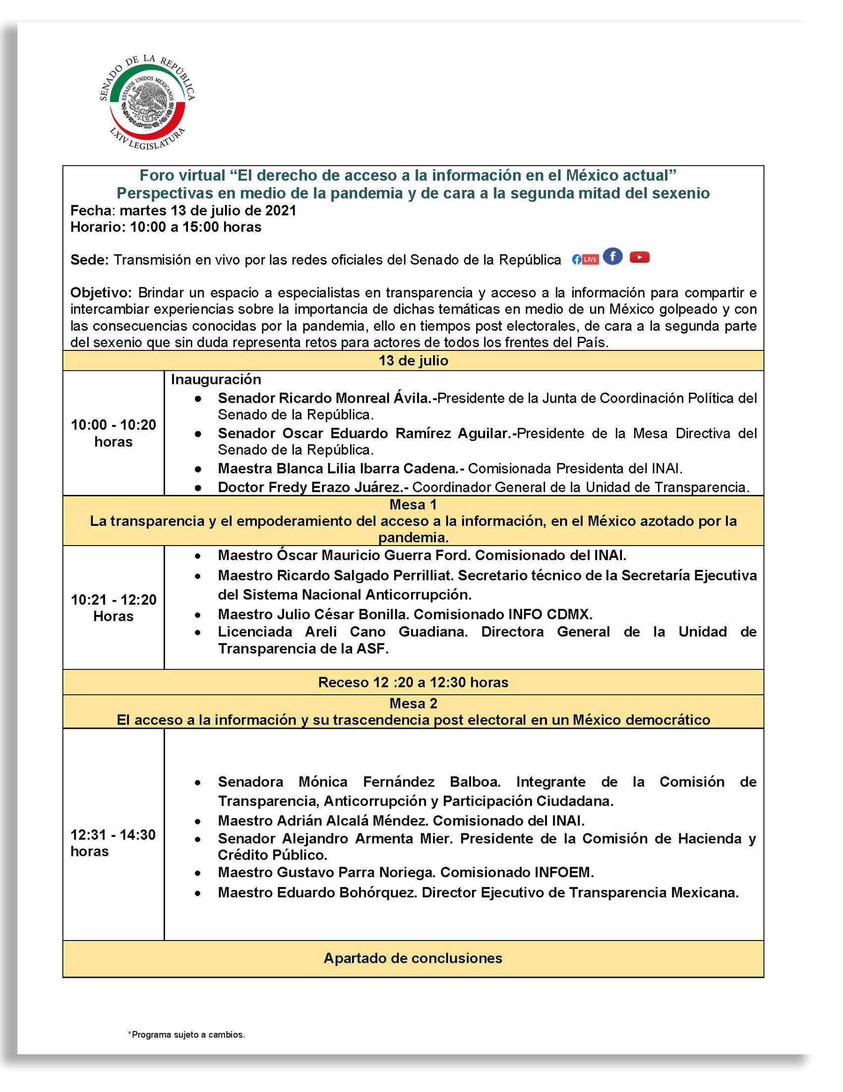 FORO VIRTUAL “EL DERECHO DE ACCESO A LA INFORMACIÓN EN EL MÉXICO ACTUAL” 13 DE JULIO DE 2021